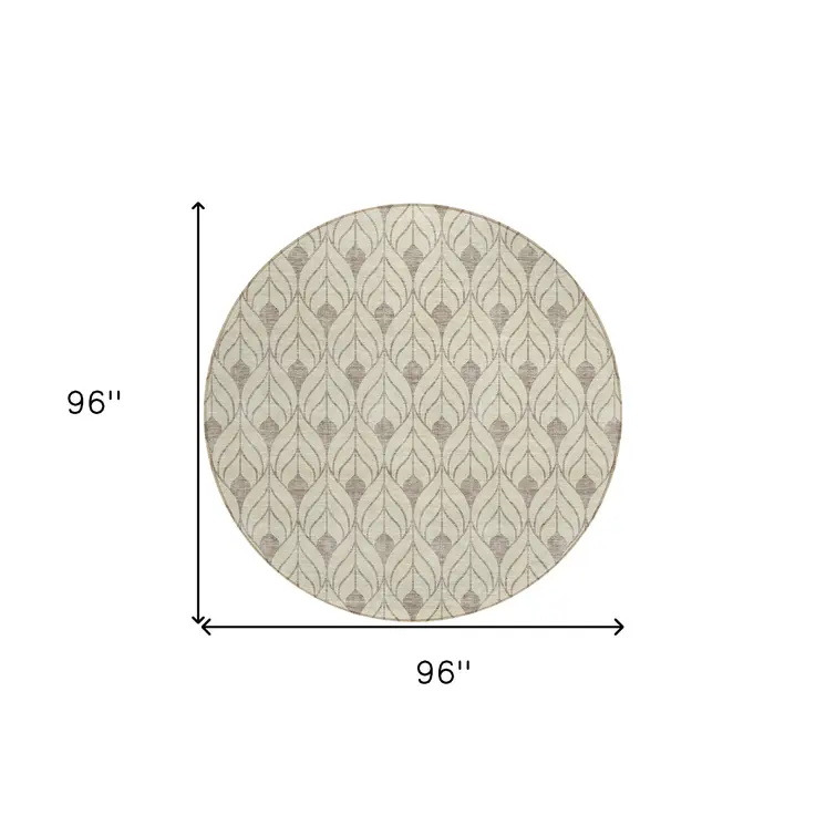 8' Beige And Taupe Round Geometric Washable Indoor Outdoor Area Rug