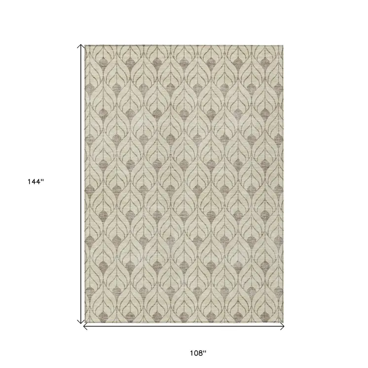 9' X 12' Beige And Taupe Geometric Washable Indoor Outdoor Area Rug