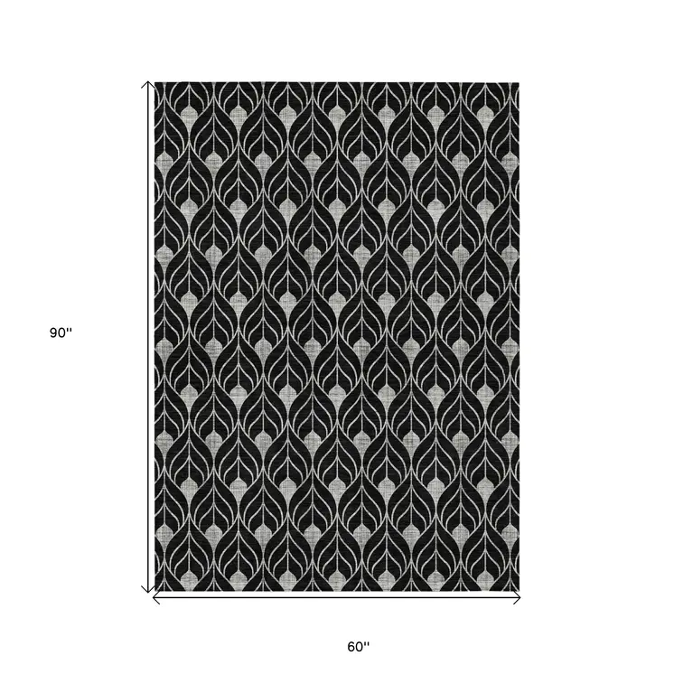 5' X 8' Black And Ivory Geometric Washable Indoor Outdoor Area Rug
