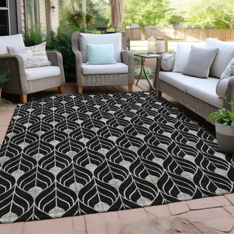 8' X 10' Black And Ivory Geometric Washable Indoor Outdoor Area Rug