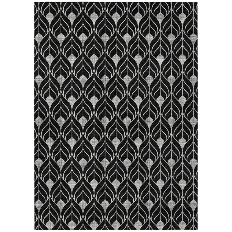 8' X 10' Black And Ivory Geometric Washable Indoor Outdoor Area Rug