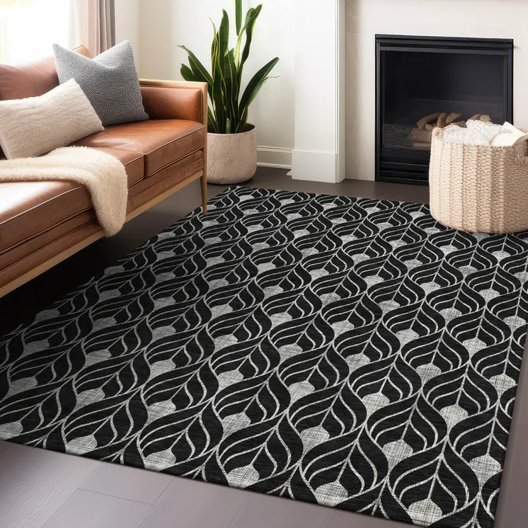8' X 10' Black And Ivory Geometric Washable Indoor Outdoor Area Rug