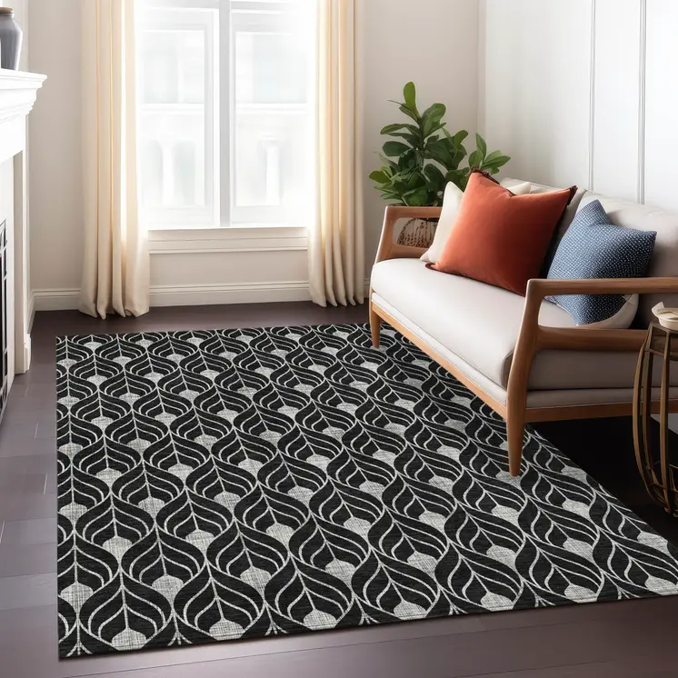 10' X 14' Black And Ivory Geometric Washable Indoor Outdoor Area Rug