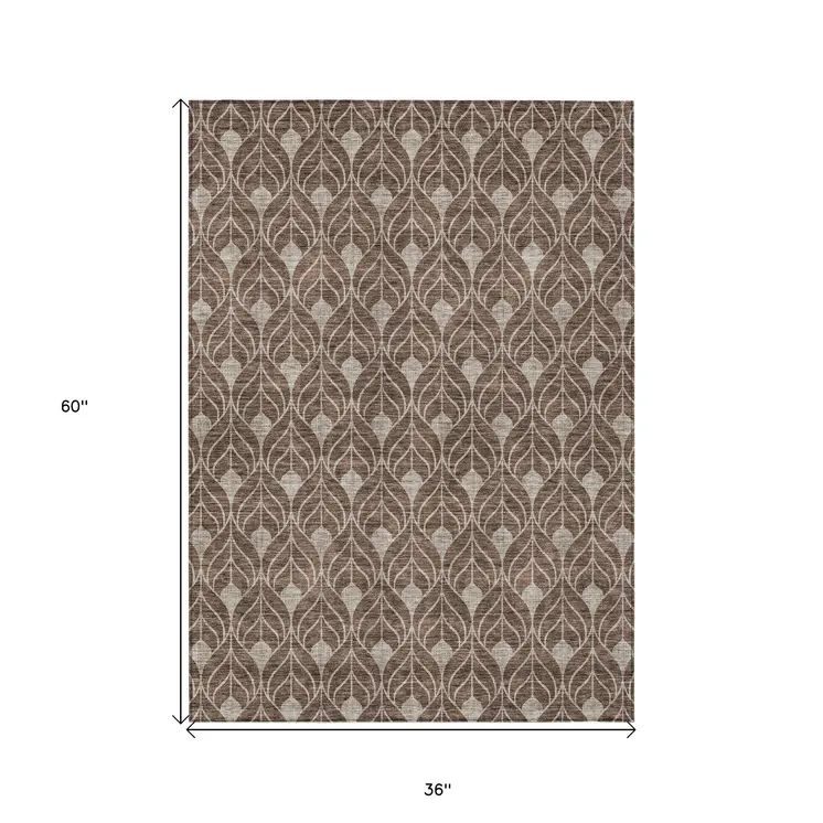 3' X 5' Brown And Beige Geometric Washable Indoor Outdoor Area Rug