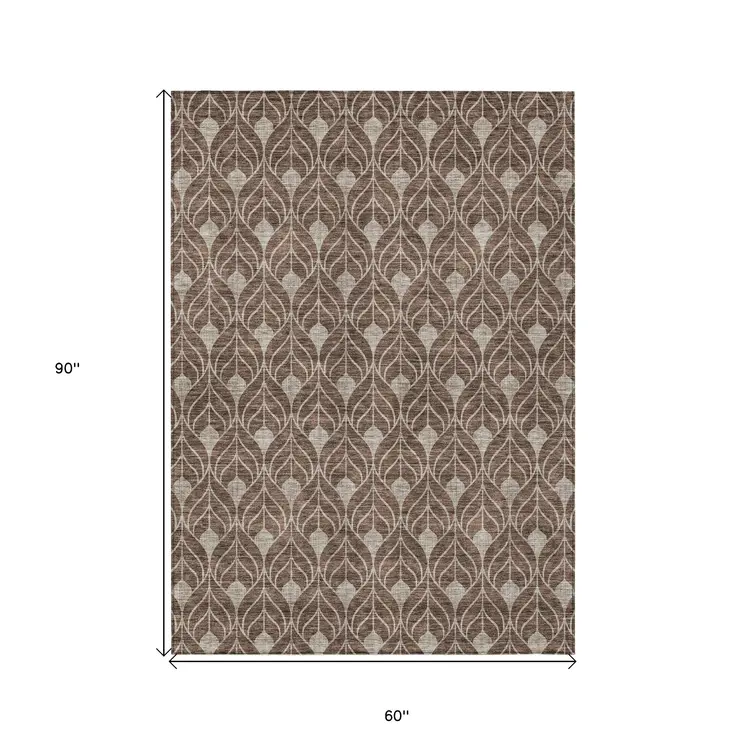 5' X 8' Brown And Beige Geometric Washable Indoor Outdoor Area Rug