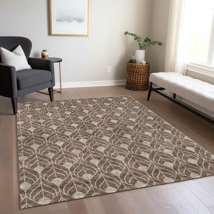 5' X 8' Brown And Beige Geometric Washable Indoor Outdoor Area Rug