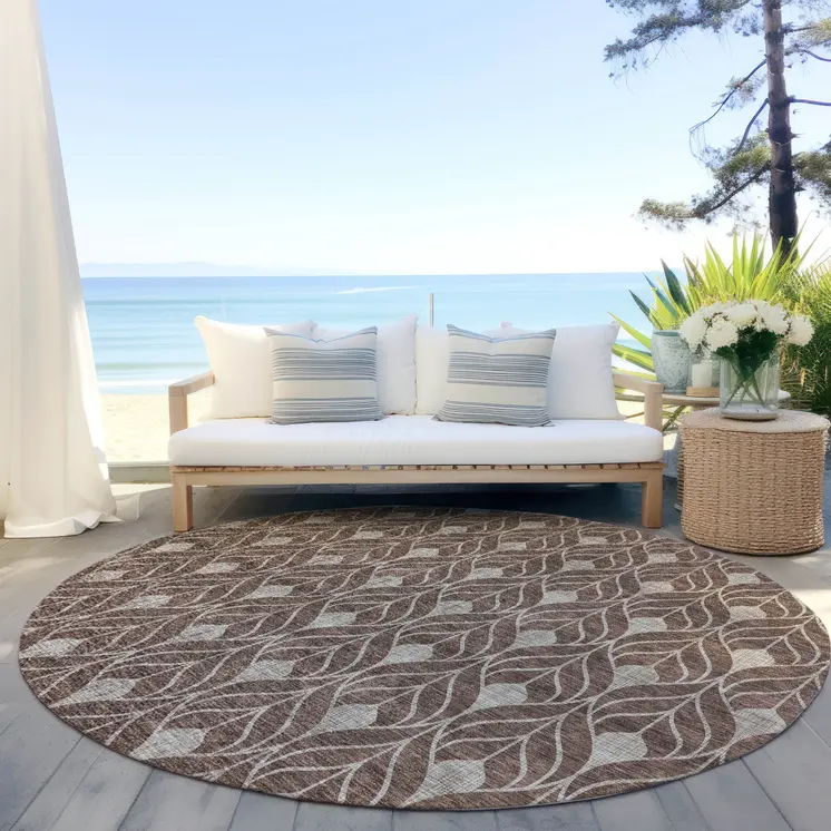 8' Brown And Beige Round Geometric Washable Indoor Outdoor Area Rug