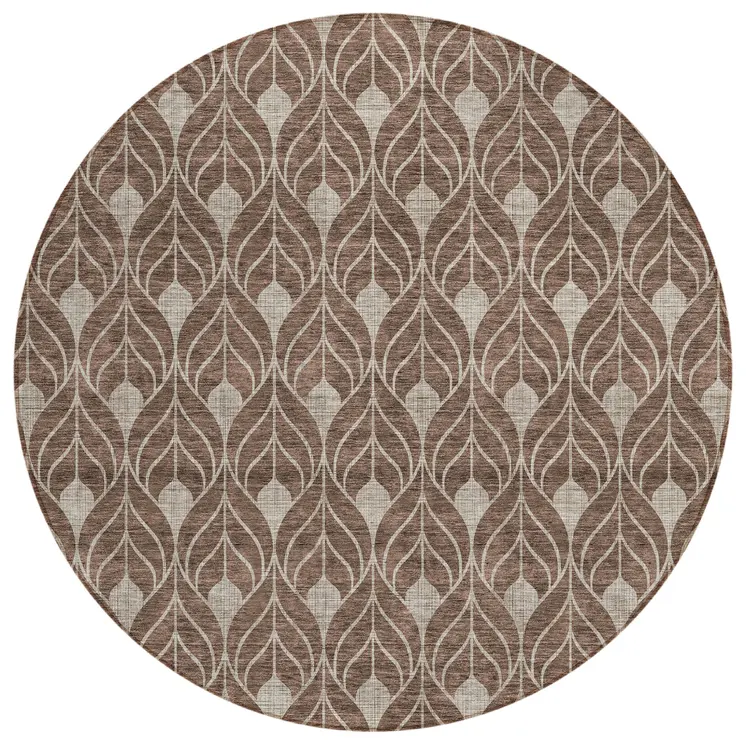 8' Brown And Beige Round Geometric Washable Indoor Outdoor Area Rug