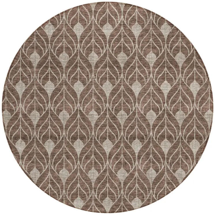 8' Brown And Beige Round Geometric Washable Indoor Outdoor Area Rug