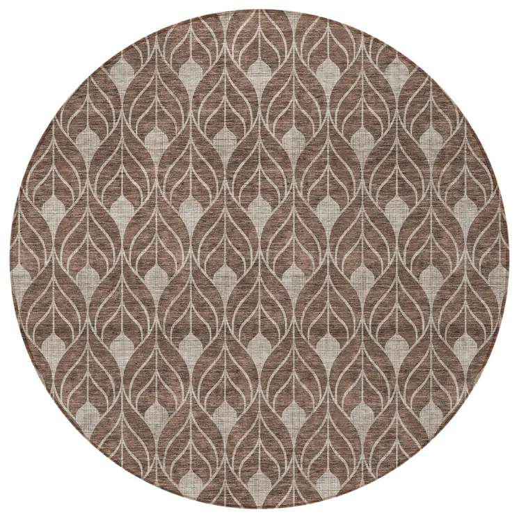 8' Brown And Beige Round Geometric Washable Indoor Outdoor Area Rug