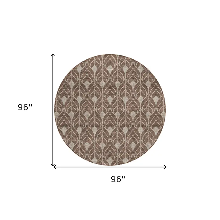 8' Brown And Beige Round Geometric Washable Indoor Outdoor Area Rug