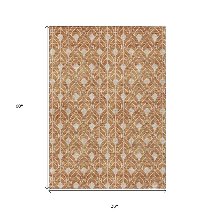 3' X 5' Copper And Beige Geometric Washable Indoor Outdoor Area Rug