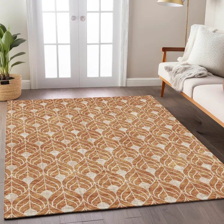 3' X 5' Copper And Beige Geometric Washable Indoor Outdoor Area Rug