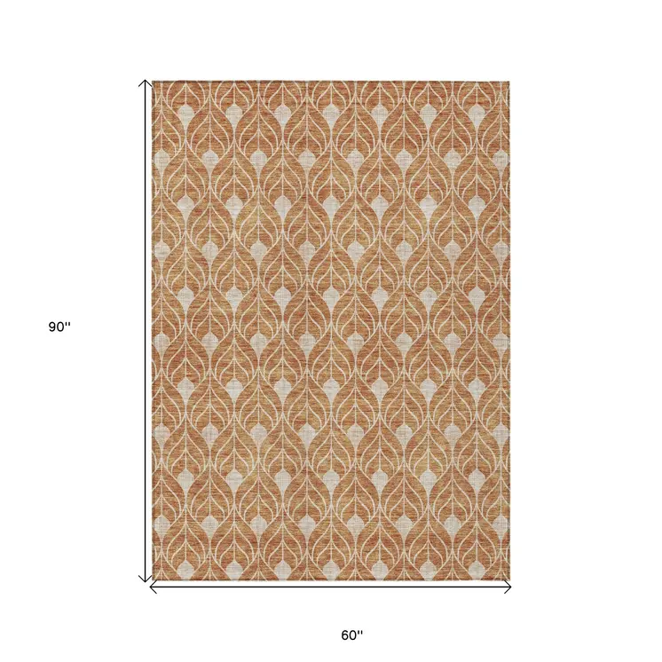 5' X 8' Copper And Beige Geometric Washable Indoor Outdoor Area Rug