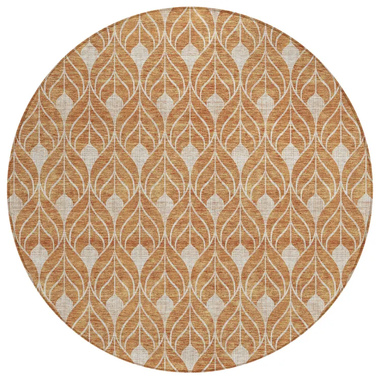 8' Copper And Beige Round Geometric Washable Indoor Outdoor Area Rug