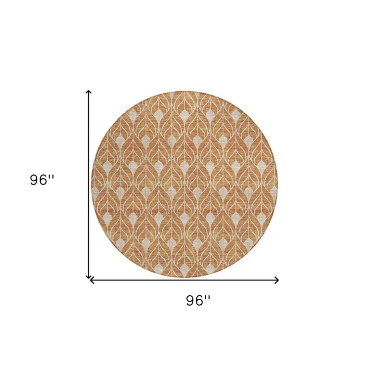 8' Copper And Beige Round Geometric Washable Indoor Outdoor Area Rug