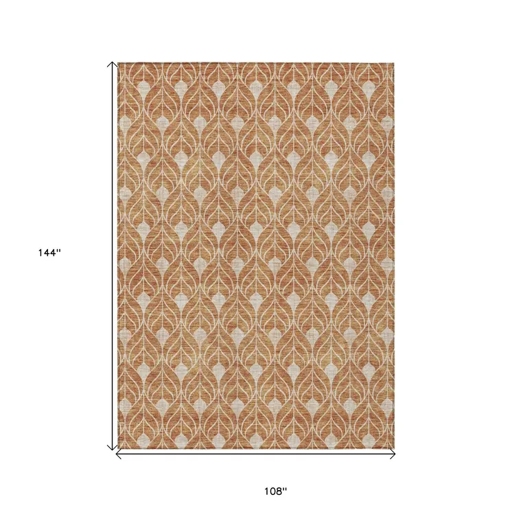 9' X 12' Copper And Beige Geometric Washable Indoor Outdoor Area Rug