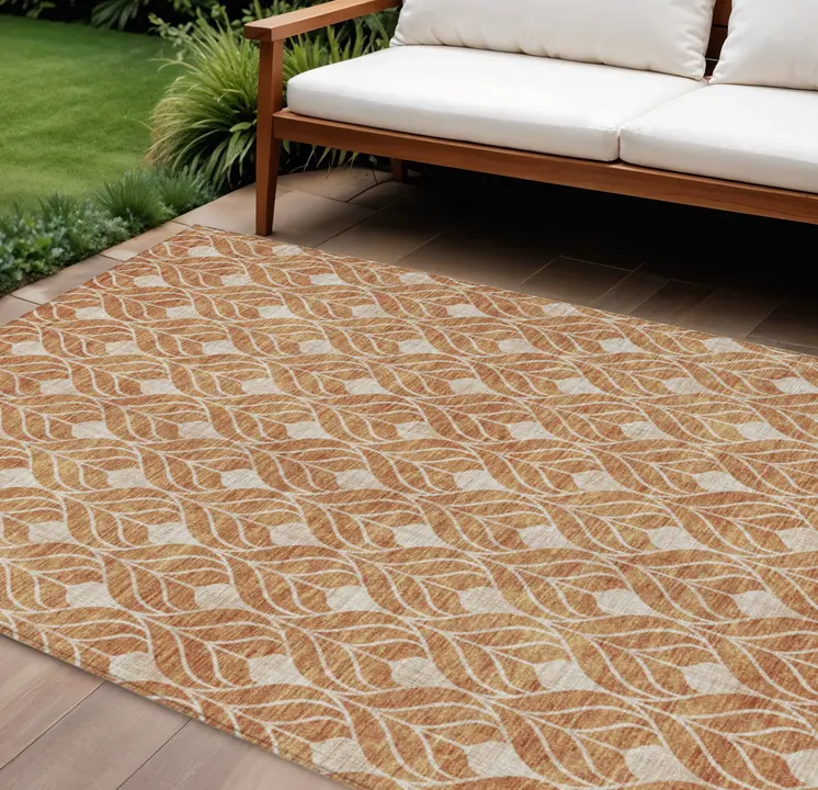 10' X 14' Copper And Beige Geometric Washable Indoor Outdoor Area Rug