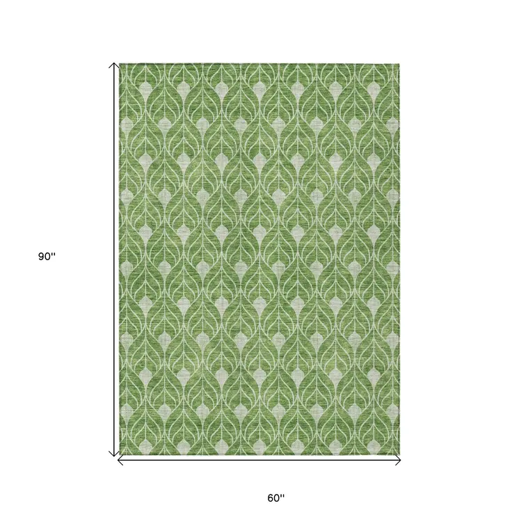 5' X 8' Green And Light Green Geometric Washable Indoor Outdoor Area Rug