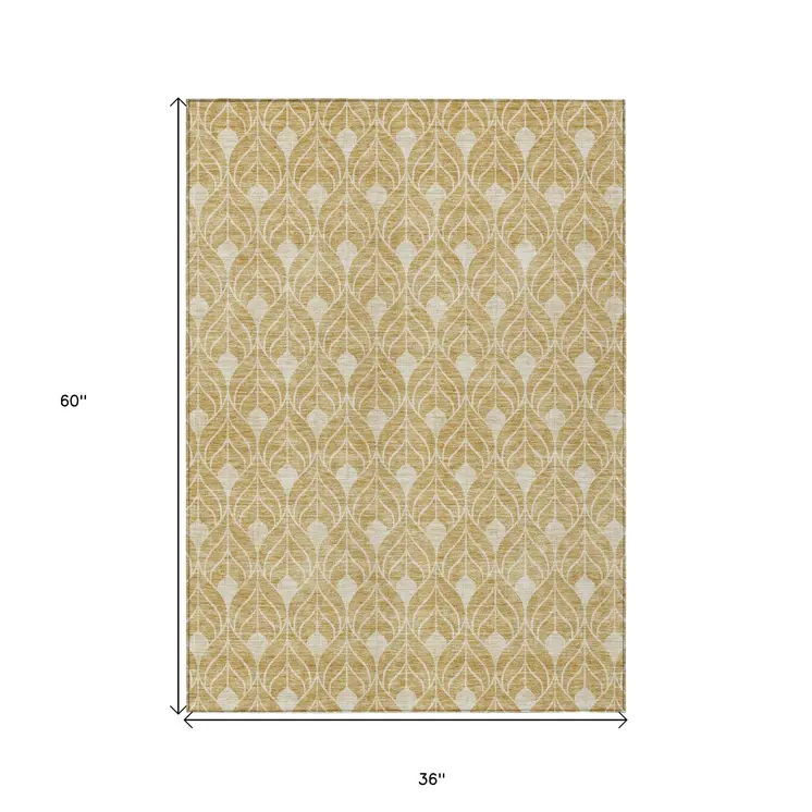 3' X 5' Gold And Ivory Geometric Washable Indoor Outdoor Area Rug