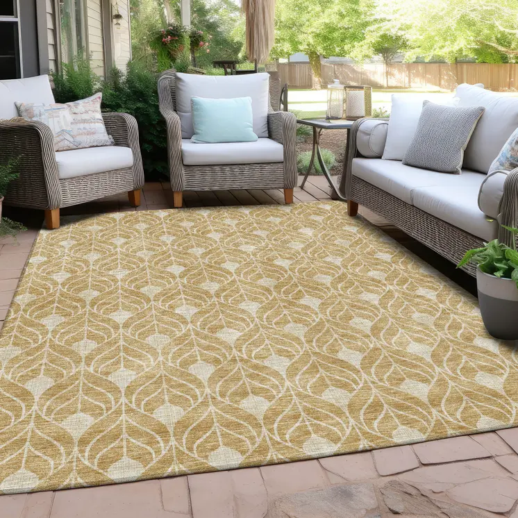 5' X 8' Gold And Ivory Geometric Washable Indoor Outdoor Area Rug