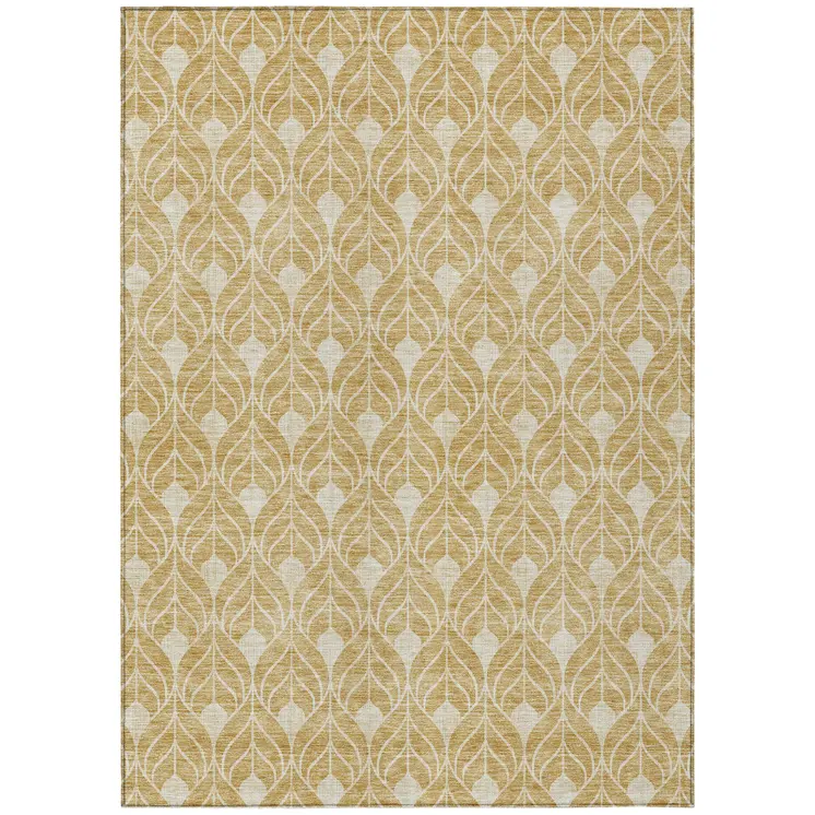 5' X 8' Gold And Ivory Geometric Washable Indoor Outdoor Area Rug