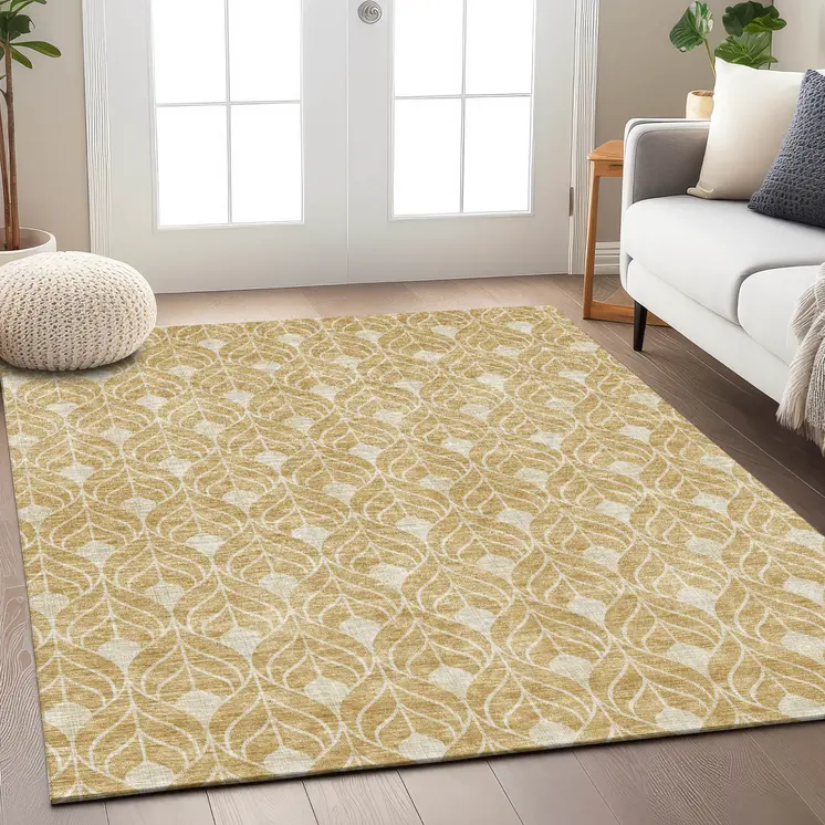 5' X 8' Gold And Ivory Geometric Washable Indoor Outdoor Area Rug