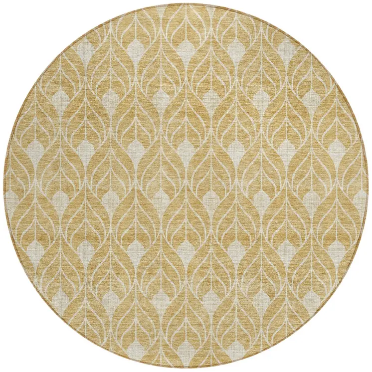8' Gold And Ivory Round Geometric Washable Indoor Outdoor Area Rug