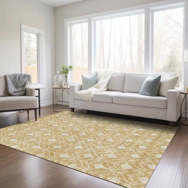 9' X 12' Gold And Ivory Geometric Washable Indoor Outdoor Area Rug