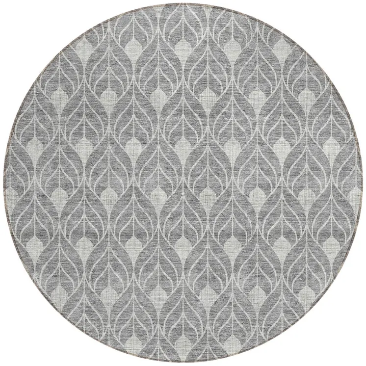 8' Gray And Light Gray Round Geometric Washable Indoor Outdoor Area Rug