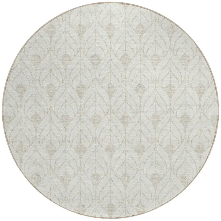 8' Ivory And Beige Round Geometric Washable Indoor Outdoor Area Rug