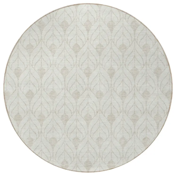 8' Ivory And Beige Round Geometric Washable Indoor Outdoor Area Rug