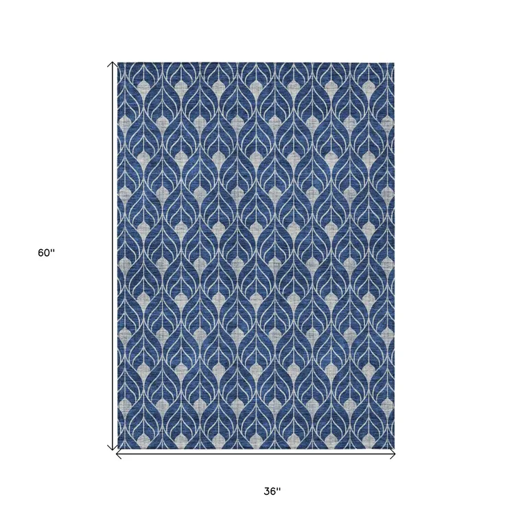 3' X 5' Navy Blue And Ivory Geometric Washable Indoor Outdoor Area Rug