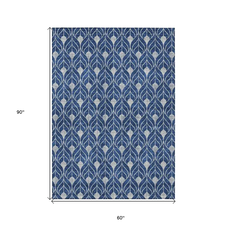 5' X 8' Navy Blue And Ivory Geometric Washable Indoor Outdoor Area Rug