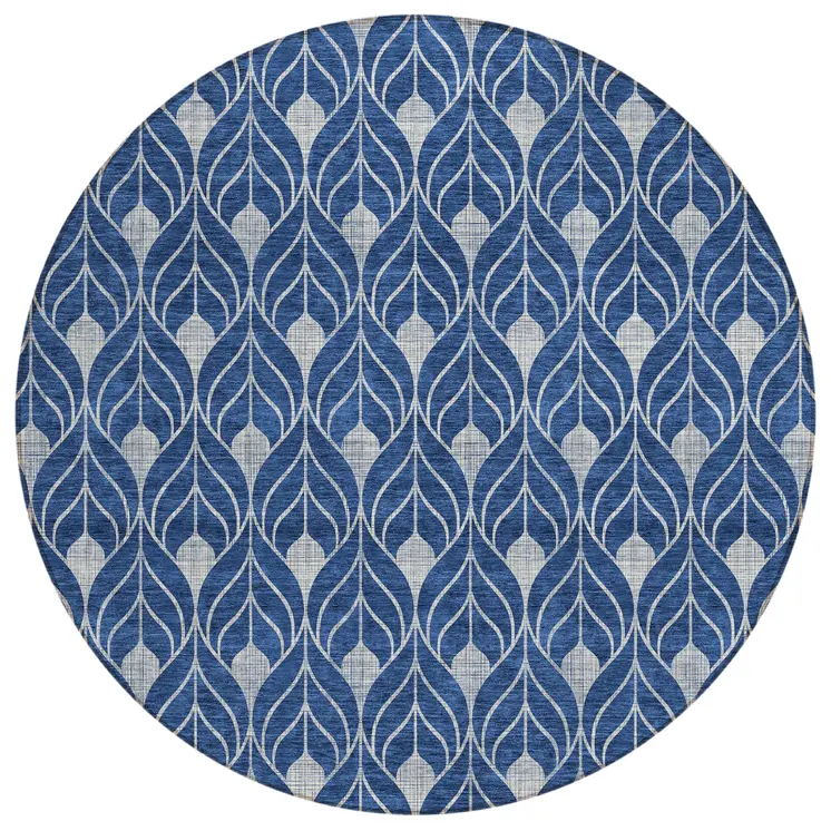 8' Navy Blue And Ivory Round Geometric Washable Indoor Outdoor Area Rug