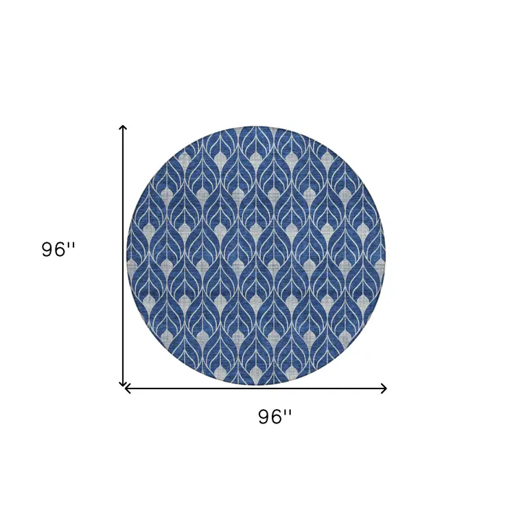 8' Navy Blue And Ivory Round Geometric Washable Indoor Outdoor Area Rug
