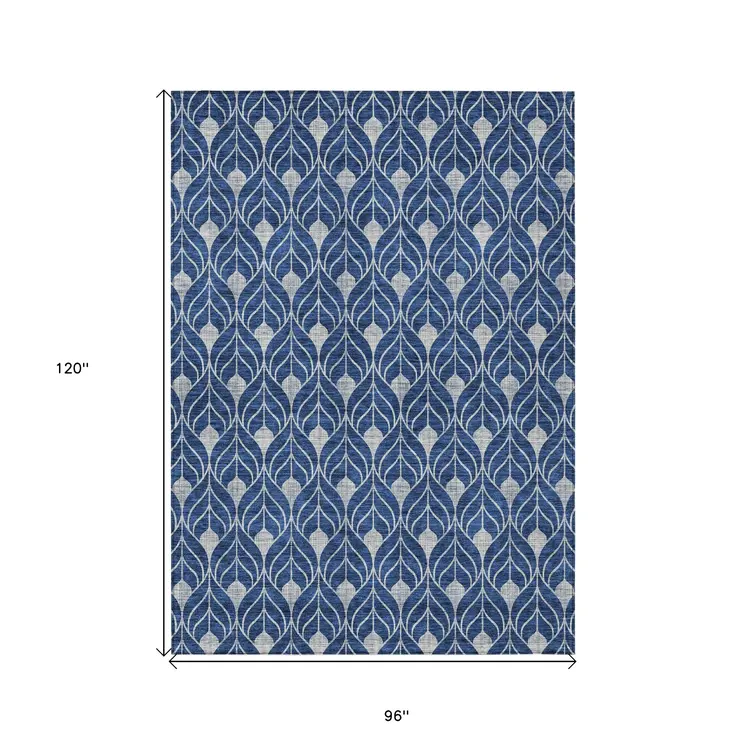 8' X 10' Navy Blue And Ivory Geometric Washable Indoor Outdoor Area Rug