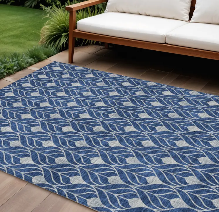 8' X 10' Navy Blue And Ivory Geometric Washable Indoor Outdoor Area Rug