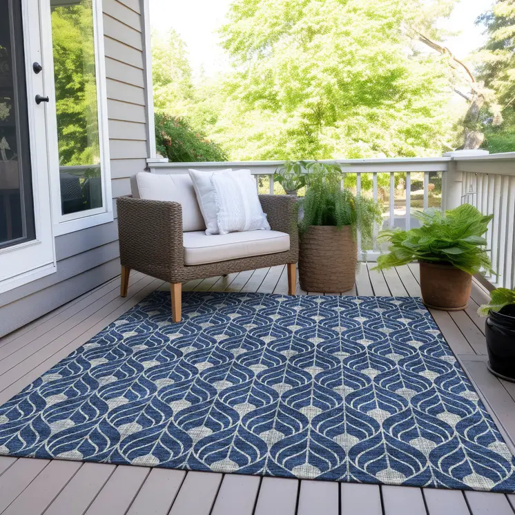 8' X 10' Navy Blue And Ivory Geometric Washable Indoor Outdoor Area Rug