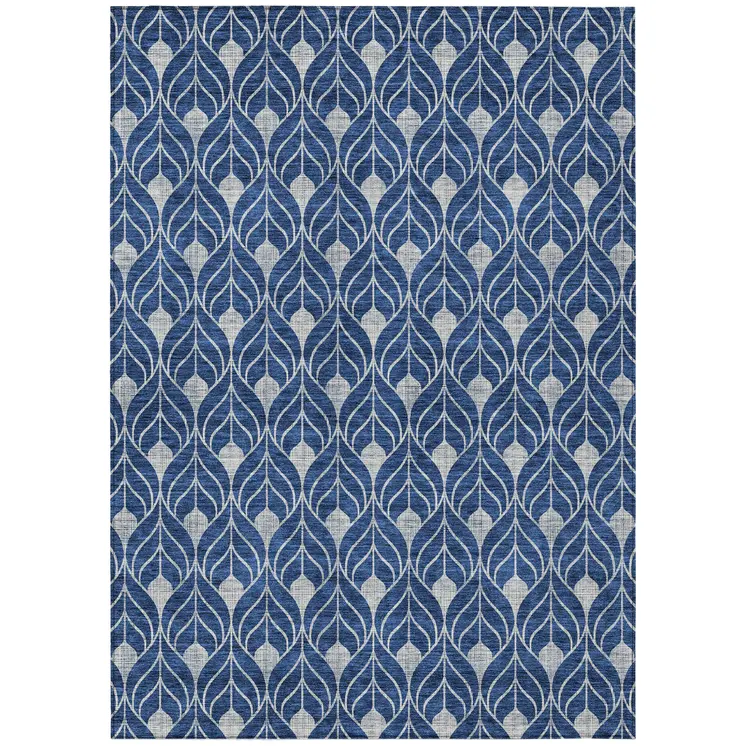 8' X 10' Navy Blue And Ivory Geometric Washable Indoor Outdoor Area Rug