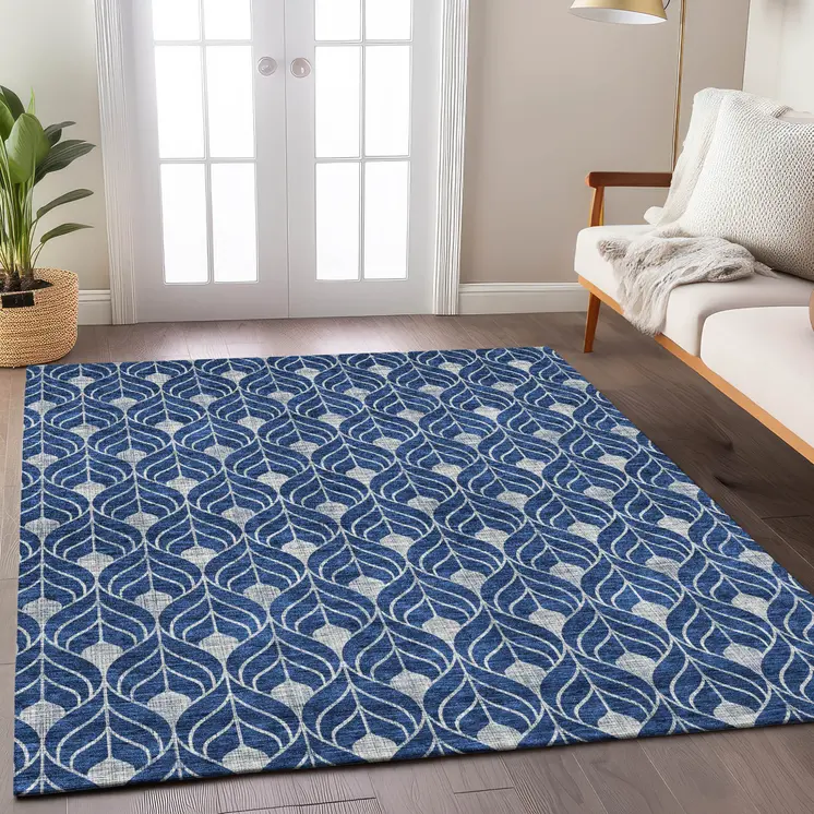 8' X 10' Navy Blue And Ivory Geometric Washable Indoor Outdoor Area Rug