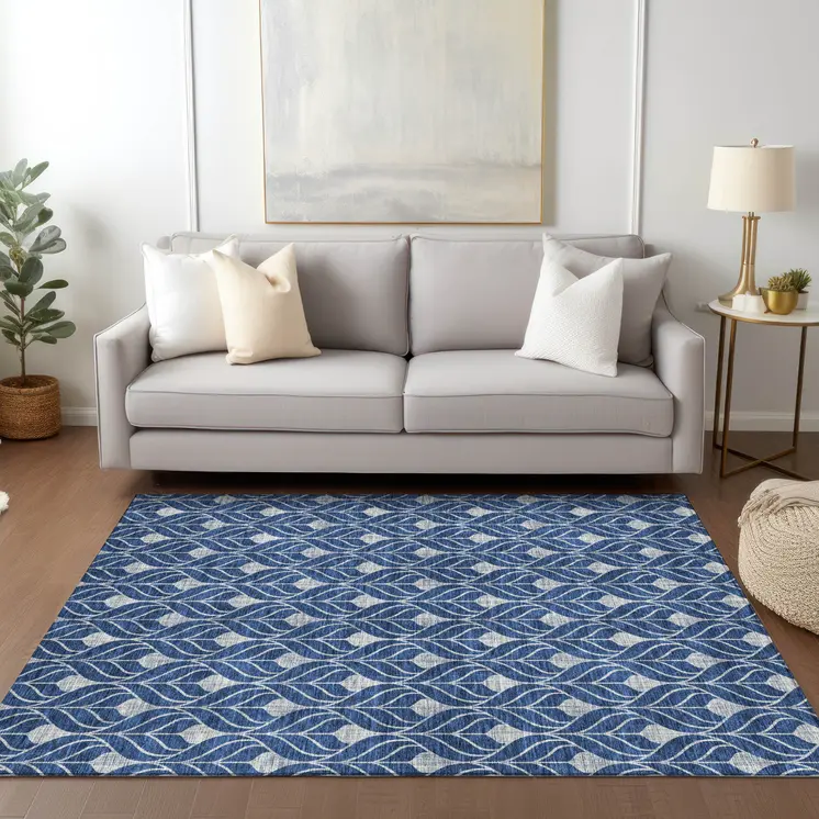 10' X 14' Navy Blue And Ivory Geometric Washable Indoor Outdoor Area Rug