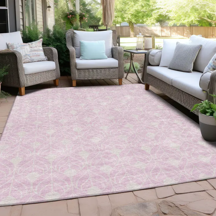 3' X 5' Pink And Ivory Geometric Washable Indoor Outdoor Area Rug