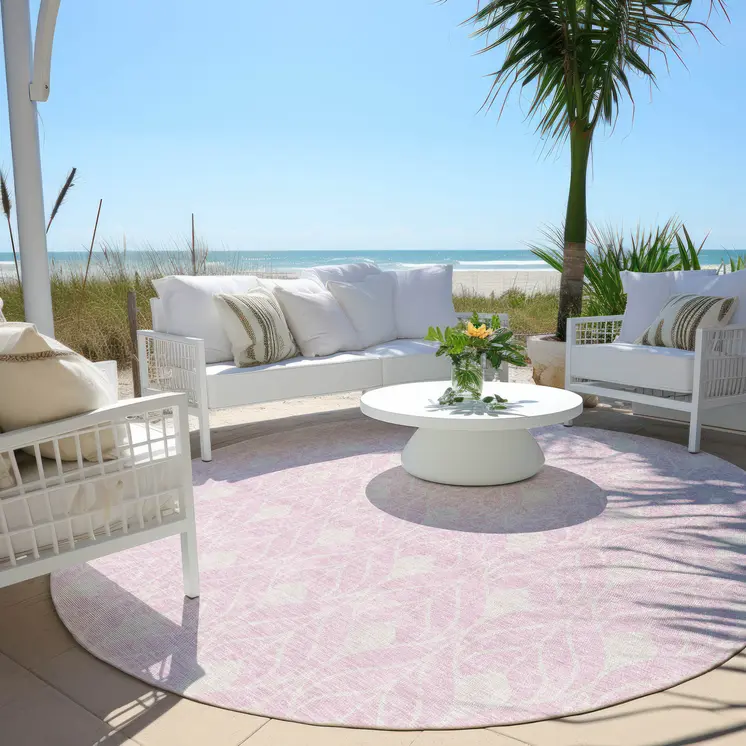 8' Pink And Ivory Round Geometric Washable Indoor Outdoor Area Rug