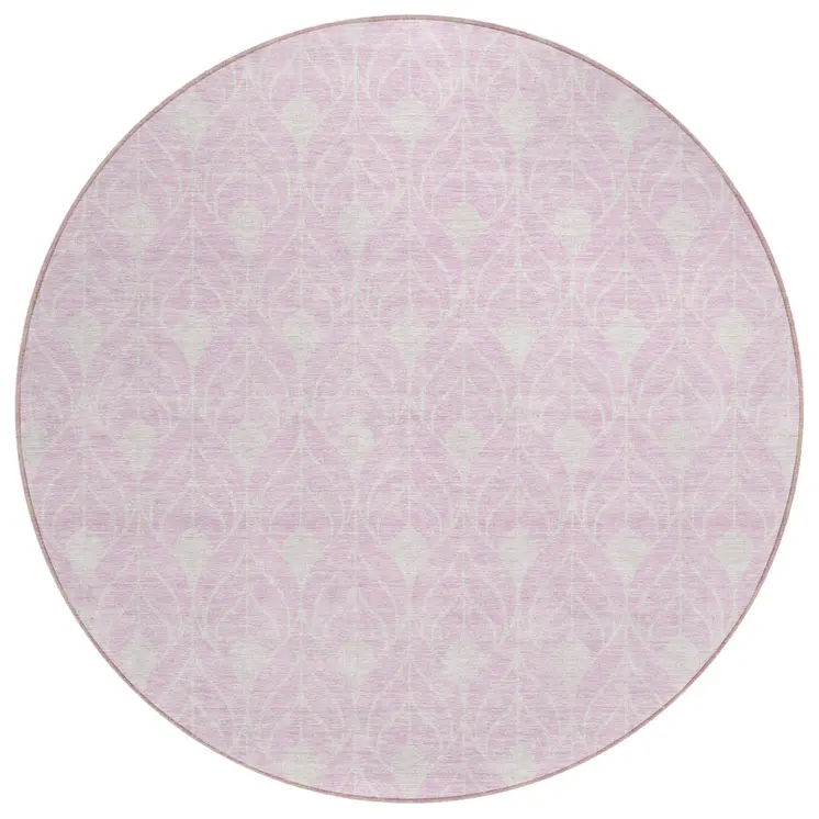 8' Pink And Ivory Round Geometric Washable Indoor Outdoor Area Rug