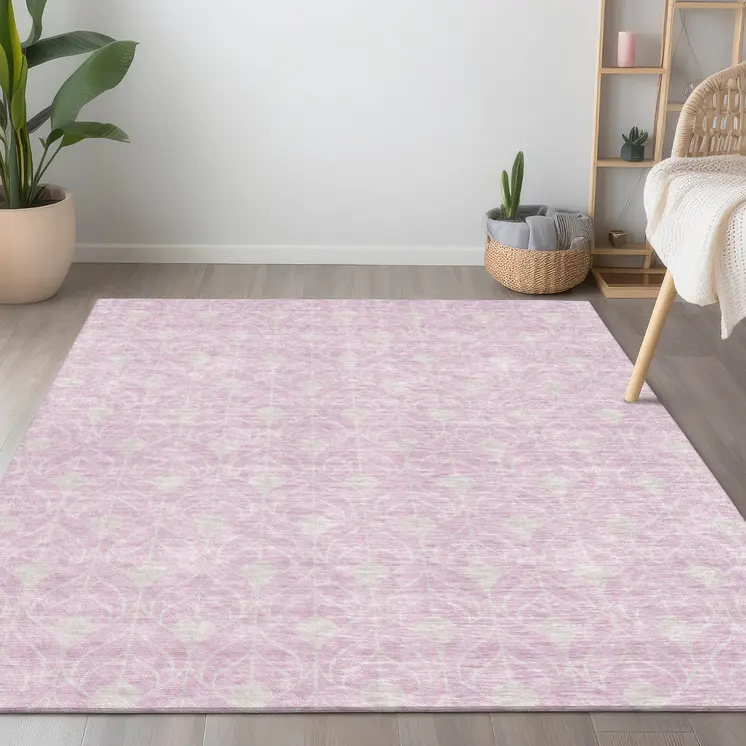 8' X 10' Pink And Ivory Geometric Washable Indoor Outdoor Area Rug