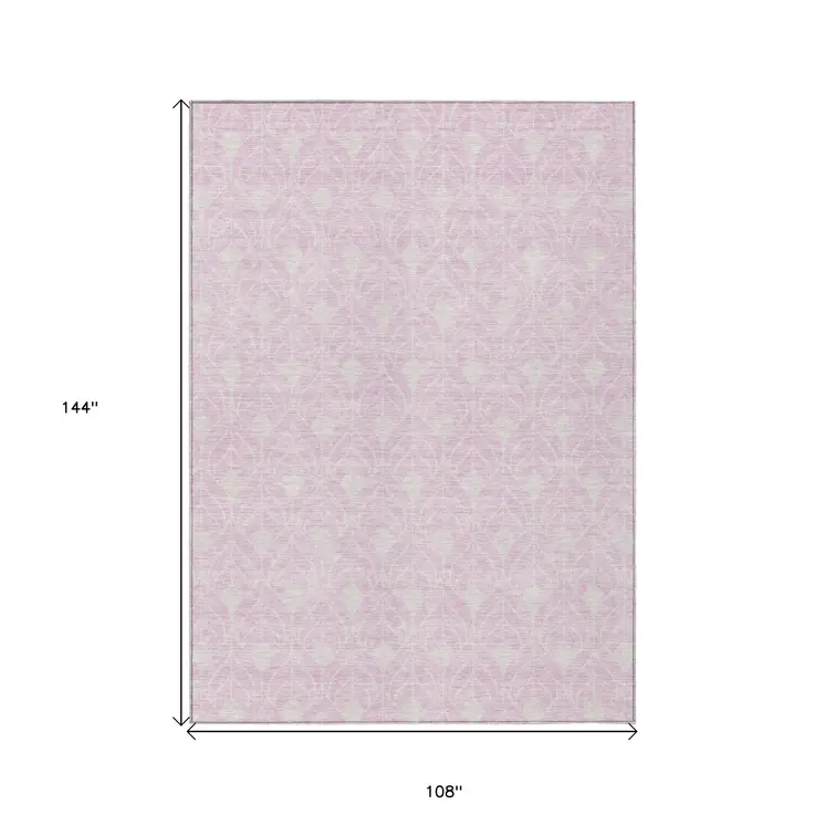 9' X 12' Pink And Ivory Geometric Washable Indoor Outdoor Area Rug