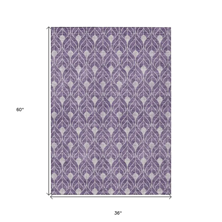 3' X 5' Purple And Ivory Geometric Washable Indoor Outdoor Area Rug
