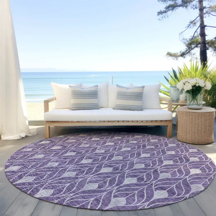 8' Purple And Ivory Round Geometric Washable Indoor Outdoor Area Rug