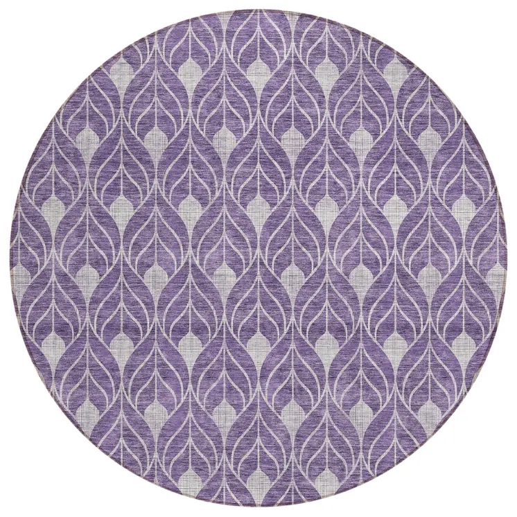 8' Purple And Ivory Round Geometric Washable Indoor Outdoor Area Rug